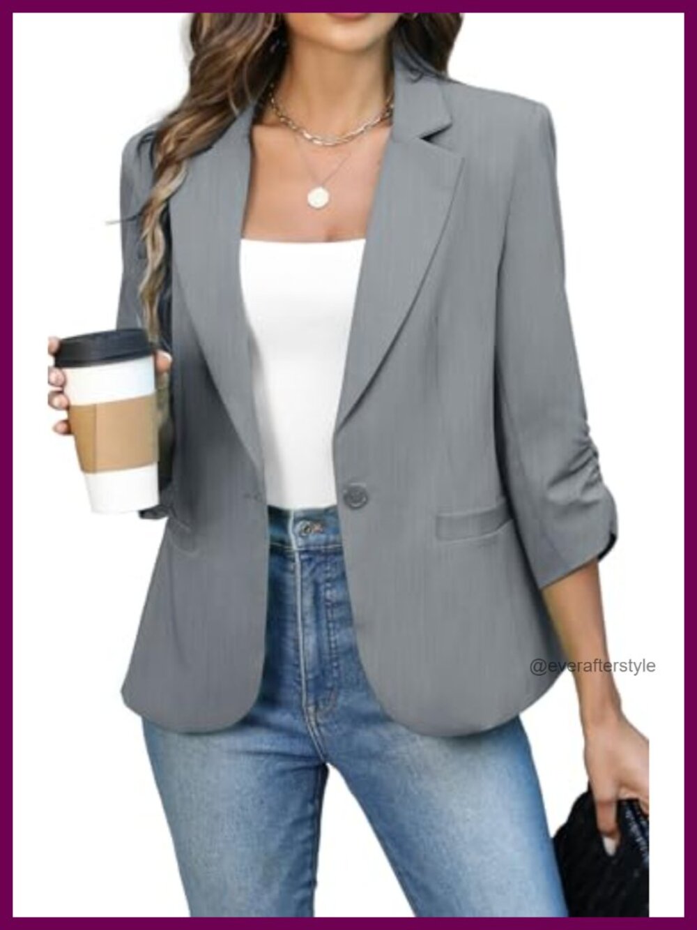 Women's Ruched 3/4 Sleeve Blazer Slim Fit Business Casual Lightweight